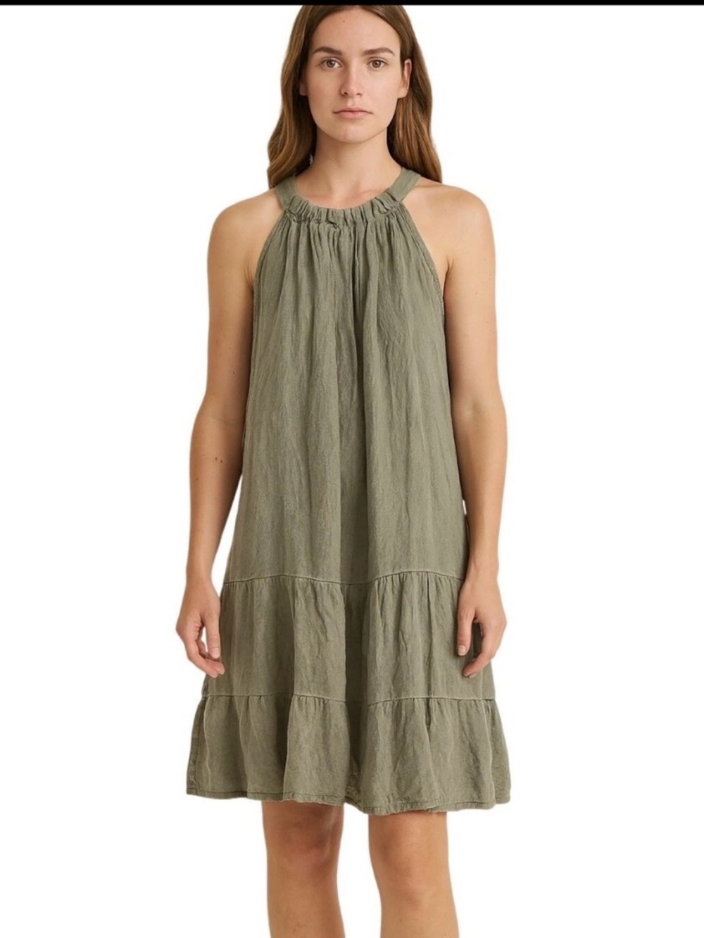 Bellambra Green Linen Cotton Halter Tie Bow Layered A-Line Dress Size S